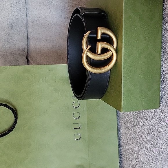 Gucci Accessories - Gucci Signature Black Leather Belt with Gold GG Marmont WIDE Buckle  Sz 90 Cm